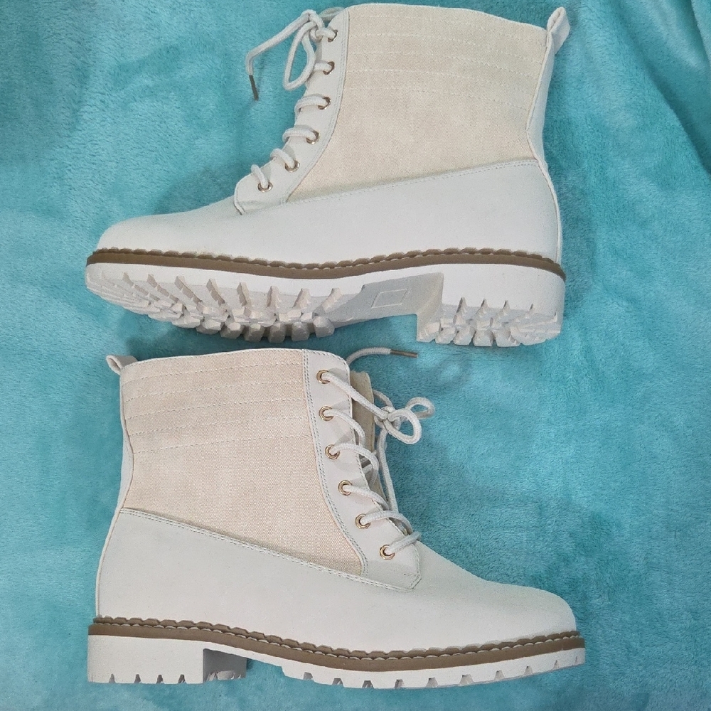 JUSTFAB, Cream Lace Up Boots
